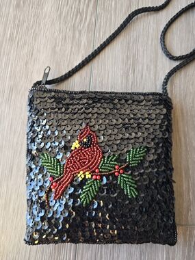 Appleseed's Beaded Sequin Cardinal Crossbody Bag Black Red Bird Holiday Purse